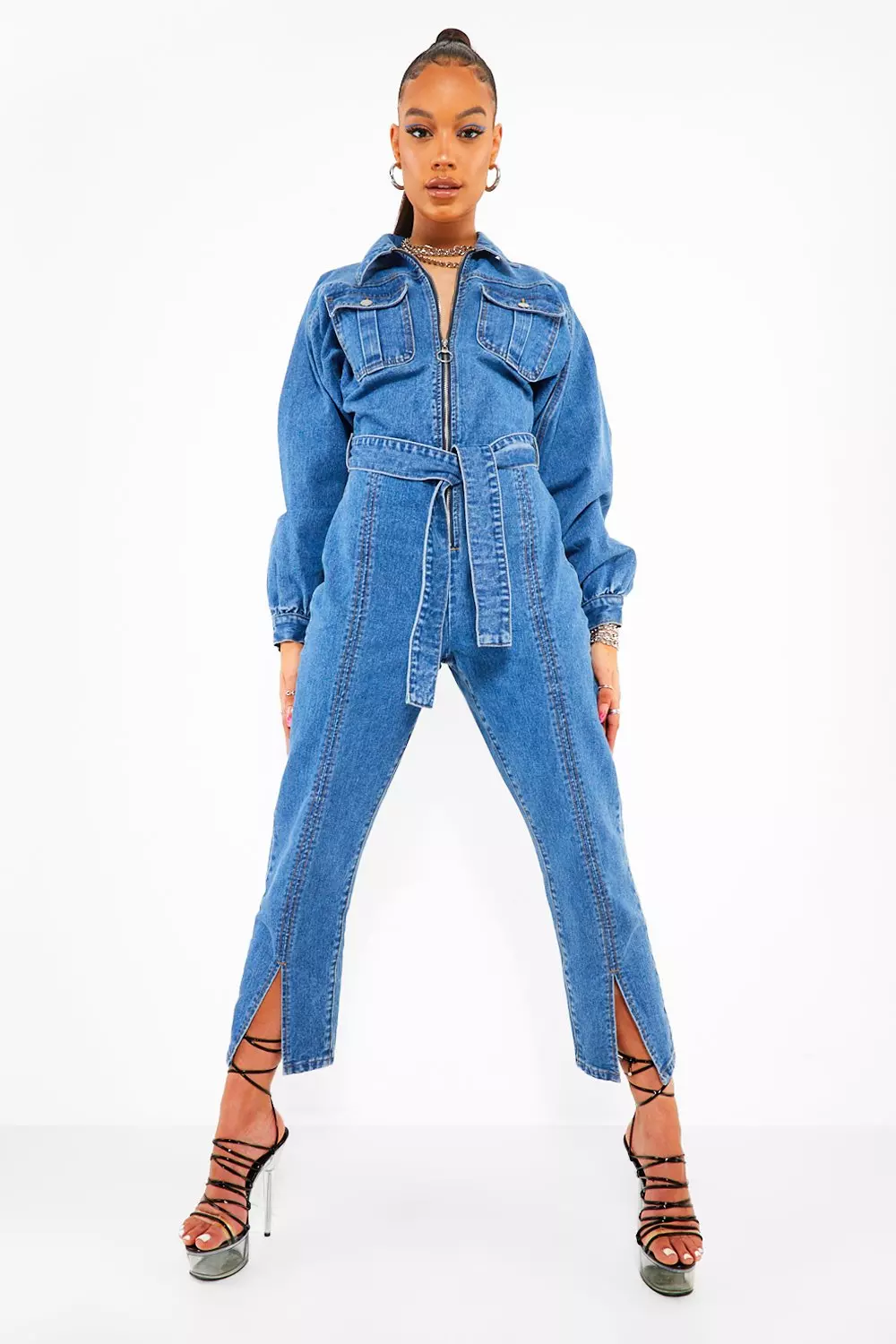 Denim jumpsuit sale boohoo